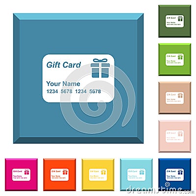 Gift card with name and numbers white icons on edged square buttons Stock Photo