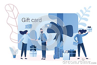 Gift card and promotion strategy.Handsome man gives woman plastic gift voucher Vector Illustration