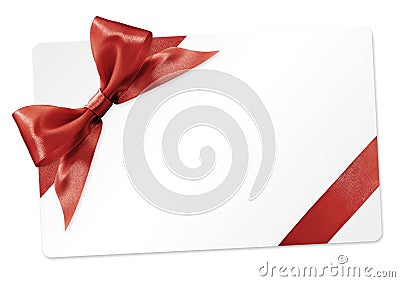 Gift card with red ribbon bow Isolated on white Stock Photo