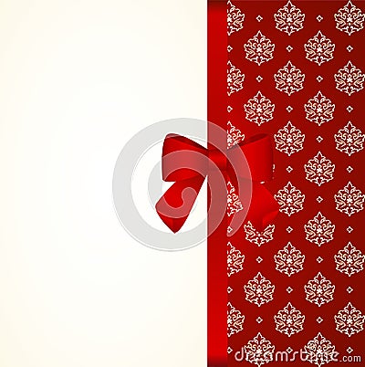 Gift Card with Red Satin Gift Bow, has space for text on background. Vector Illustration