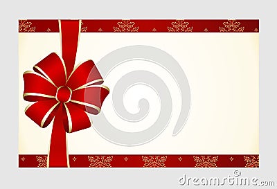 Gift Card with Red Satin Gift Bow, has space for text on background. Vector Illustration