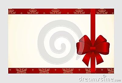 Gift Card with Red Satin Gift Bow, has space for text on background. Vector Illustration