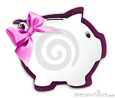 Gift card in the shape of a piggy bank with pink ribbon glitter Stock Photo