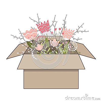 Gift cardboard box with beautiful spring doodle flowers on white background. Vector illustration Vector Illustration