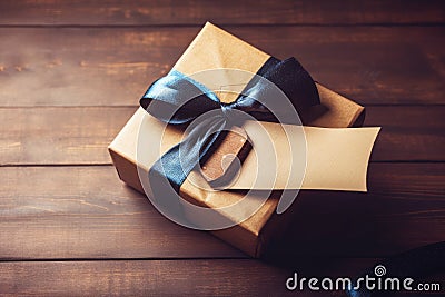 Gift with cardboard paper with blue bow and a label with wooden background Generative AI Illustration Stock Photo