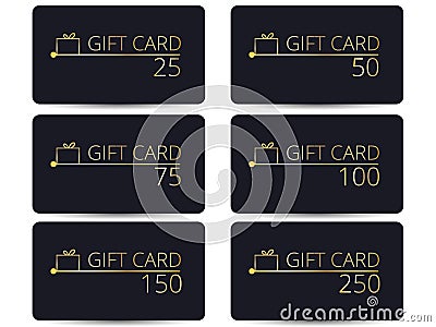 Gift cards set. Gold letters on a black. Stylish gift card for V Vector Illustration