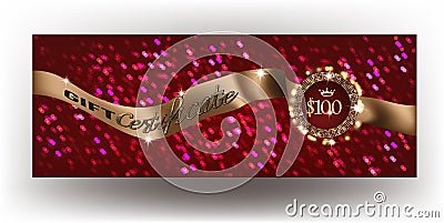 Gift certificate with gold textured ribbon and bokeh background. Vector Illustration