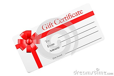 Gift Certificate with Red Ribbon and Bow. 3d Rendering Stock Photo