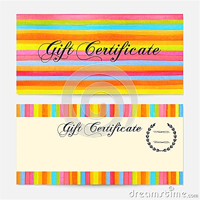 Gift certificate, Voucher, Coupon, Gift money bonus, Gift card template with colorful stripy (stripes, line pattern) background Vector Illustration