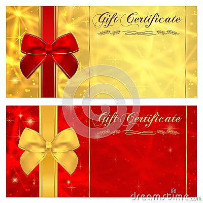 Gift certificate, Voucher, Coupon, Invitation or Gift card template with sparkling, twinkling stars (texture) and bow (red ribbon) Vector Illustration