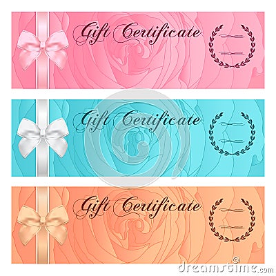 Gift certificate, Voucher, Coupon, Reward or Gift card template with floral rose pattern, bow (ribbon). Rose flower background set Vector Illustration