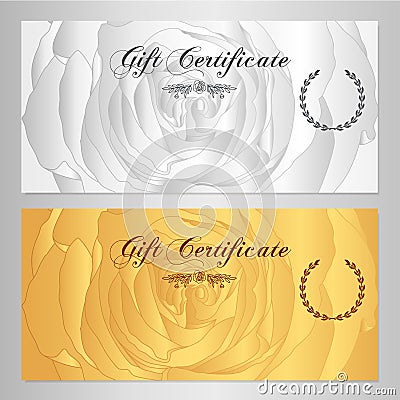 Gift certificate, Voucher, Coupon, Reward / Gift card template with rose (flowers pattern). Set of floral feminine background Vector Illustration