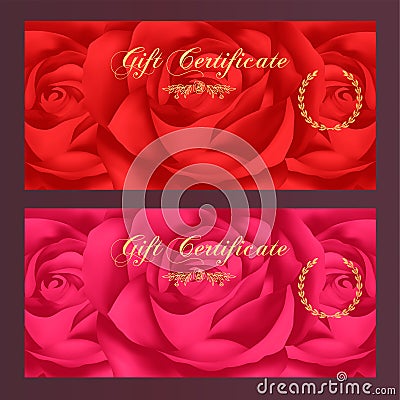 Gift certificate, Voucher, Coupon, Reward / Gift card template with rose (flowers pattern). Set of floral feminine background Vector Illustration