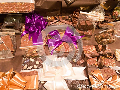 Gift chocolate on the counter in a sweets shop Stock Photo