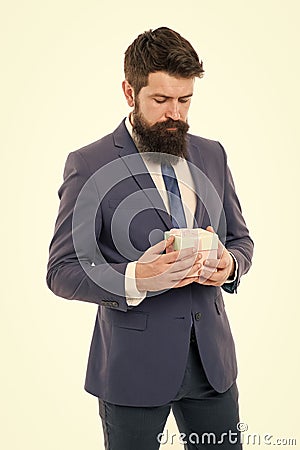 Gift for client. Customer oriented business. Man formal clothes hold gift box white background. Thankful concept. Glad Stock Photo