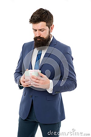 Gift for client. Customer oriented business. Man formal clothes hold gift box white background. Thankful concept. Glad Stock Photo