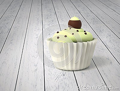 Gift cupcake with pistachio cream and chocolate balls on cold white wood Stock Photo