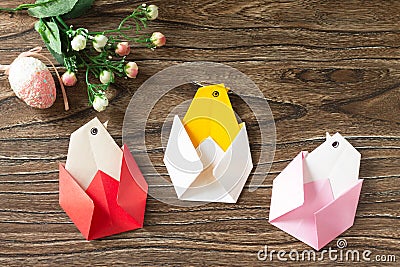 Gift Easter Origami Chicken. Handmade. Stock Photo