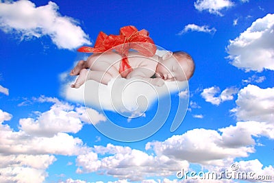 Gift from God Fantasy Portrait Infant With Bow in the Clouds Stock Photo