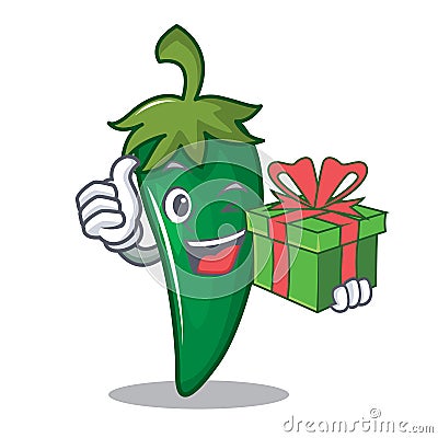 With gift green chili character cartoon Vector Illustration