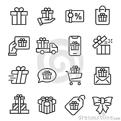 Gift icon set, collection of linear simple web icons, editable vector stroke Vector Illustration