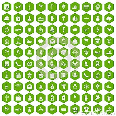 100 gift icons hexagon green Vector Illustration