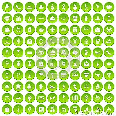 100 gift icons set green circle Vector Illustration