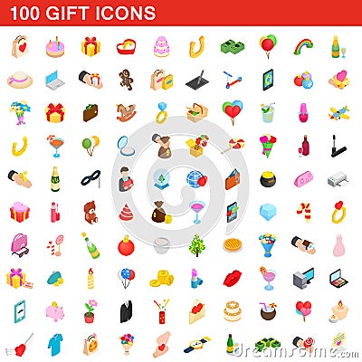 100 gift icons set, isometric 3d style Cartoon Illustration