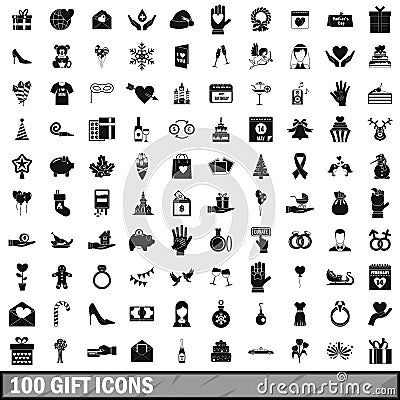 100 gift icons set, simple style Vector Illustration