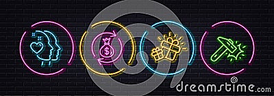 Gift, Money exchange and Heart minimal line icons. For web application, printing. Neon laser 3d lights. Vector Vector Illustration