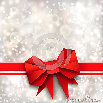 Gift paper red bow and ribbon on silver background Vector Illustration