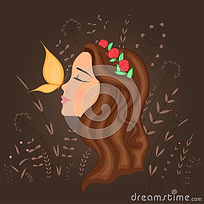 Gift postcard with cartoon beautiful girl in profile with wreath on head and butterfly on nose. Decorative floral background with Stock Photo