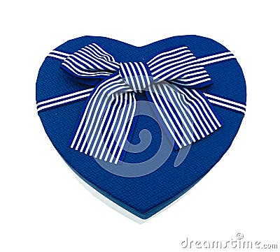 Gift present blue and white heart shape box isolated on white background with clipping path. beauty bow decoration on item propare Stock Photo