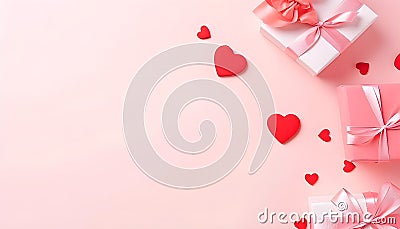 Gift or present box decorated with mixed red hearts for Valentine or Mother day on pastel pink background top view Stock Photo