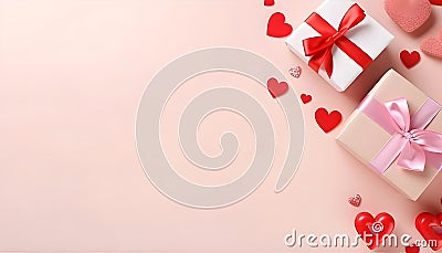 Gift or present box decorated with mixed red hearts for Valentine or Mother day on pastel pink background top view Stock Photo