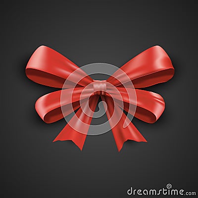 Gift realistic red bow and ribbons tilted on a black background. Beautiful vector illustration EPS 10 Vector Illustration