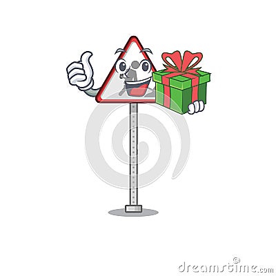 With gift road work sign isolated the cartoon Vector Illustration