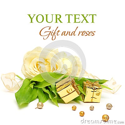 Gift, rose flowers and gold ribbon Stock Photo