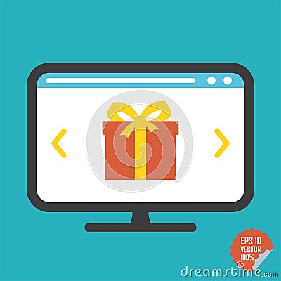Gift on screen flat icon. Illustration for website or mobile application. Stock Photo