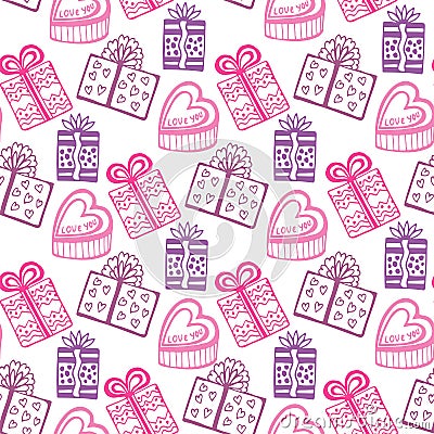 Gift seamless pattern. Seamless happy birthday or valentine pattern. Texture with pink gift-box Vector Illustration