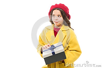 Gift shop. Child stylish hold gift box. Girl cute little lady coat and beret carry gift. Spring shopping concept. Buy Stock Photo