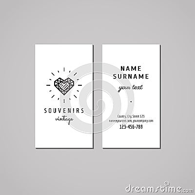 Gift shop, souvenirs and jewelery store business card design concept. Gift shop logo with crystal heart. Vector Illustration