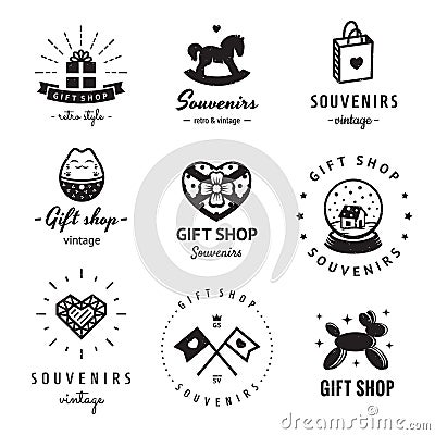 Gift shop and souvenirs logo vintage vector set. Hipster and retro style. Vector Illustration