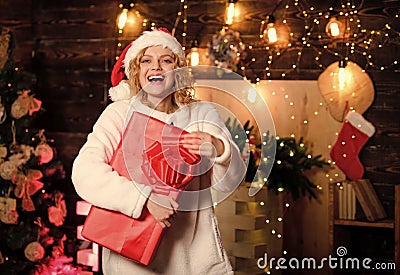 Gift shop. Woman hold gift box. Pick perfect gift. Give and receive. Christmas shopping concept. While shop for Stock Photo