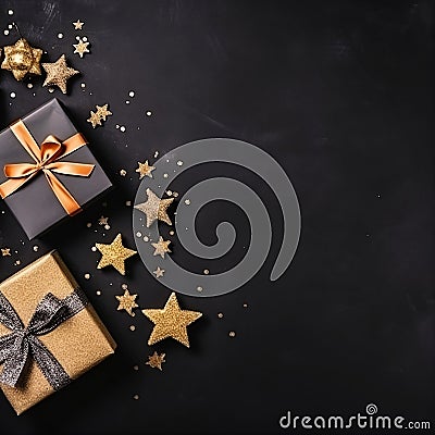 Table of lags, seen from above, gifts for any occasion lined in black with gold bow, image created with AI Stock Photo