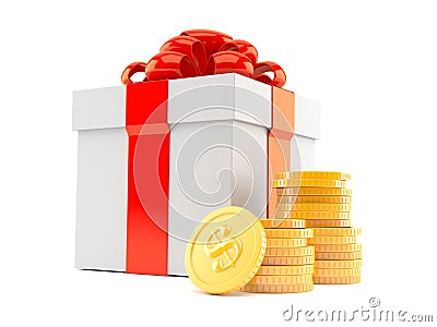 Gift with stack of coins Cartoon Illustration