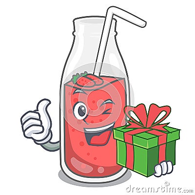 With gift strawberry smoothie mascot cartoon Vector Illustration