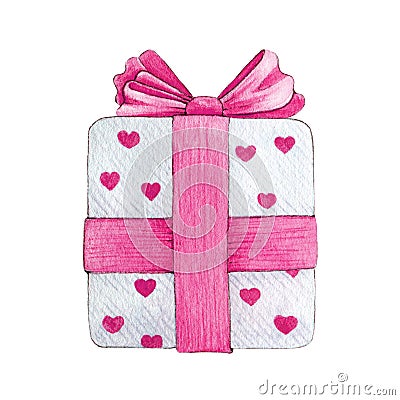 Gift suprise box with pink ribbon and bow watercolor illustration set. Hand drawn present boxes with bright heart decore. Holiday Cartoon Illustration