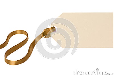 Label gift tag gold ribbon isolated white background Stock Photo