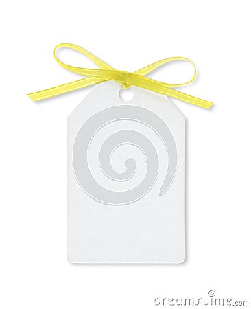 Gift tag tied with yellow ribbon with clipping path Stock Photo